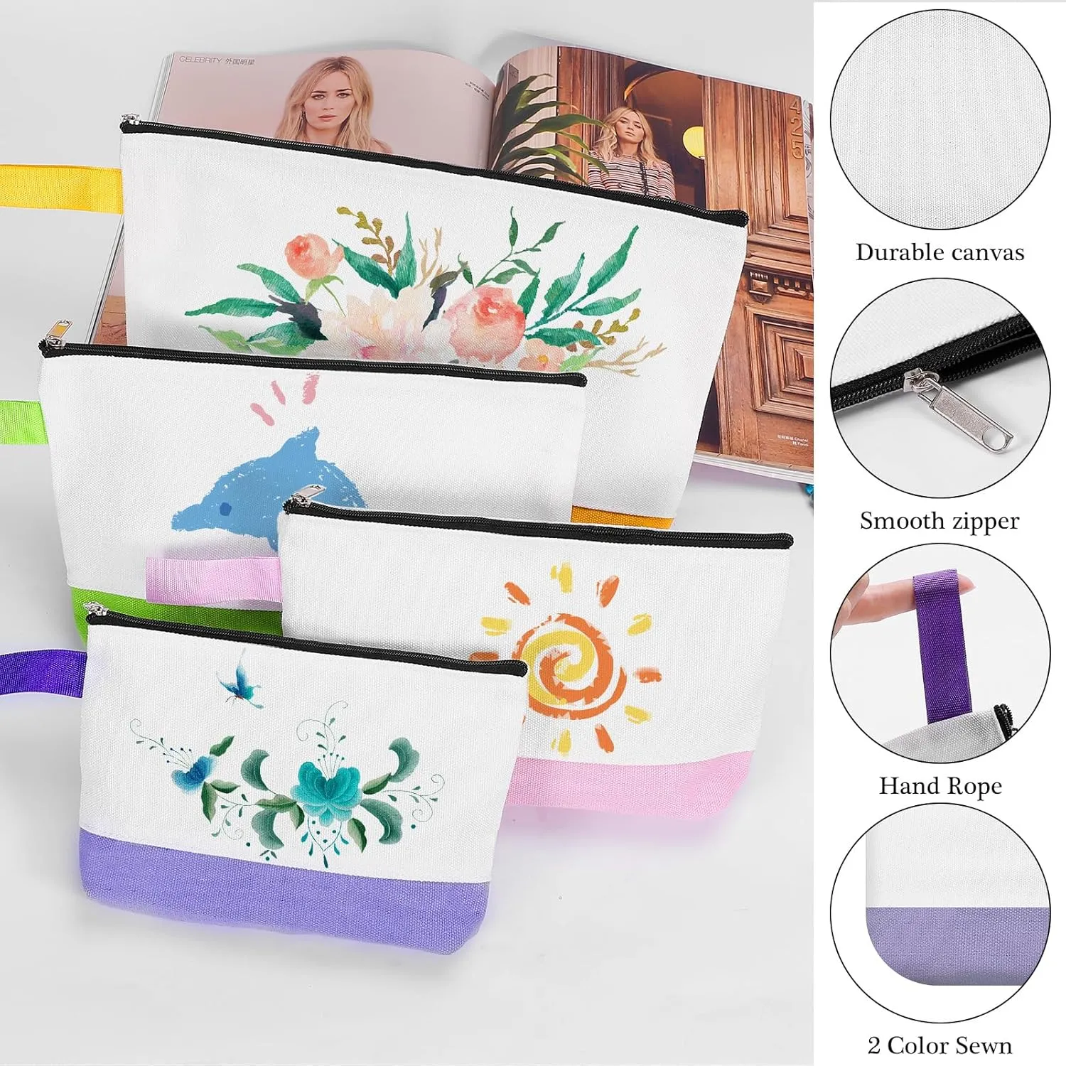 10 Pieces Cotton Canvas Makeup Bag with Bottom and Strap, Multi-Purpose Cosmetic Bag with Zipper Travel Toiletry Pouch, Blank DIY Craft Bag (Multicolor 03, M)