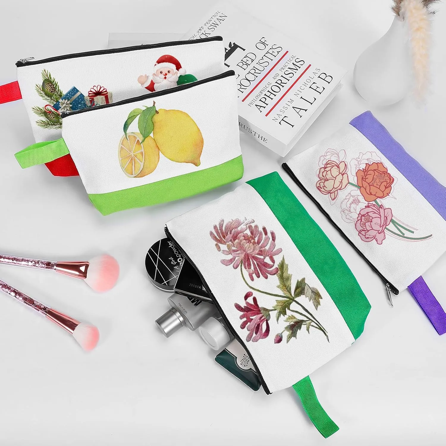 10 Pieces Cotton Canvas Makeup Bag with Bottom and Strap, Multi-Purpose Cosmetic Bag with Zipper Travel Toiletry Pouch, Blank DIY Craft Bag (Multicolor 03, M)