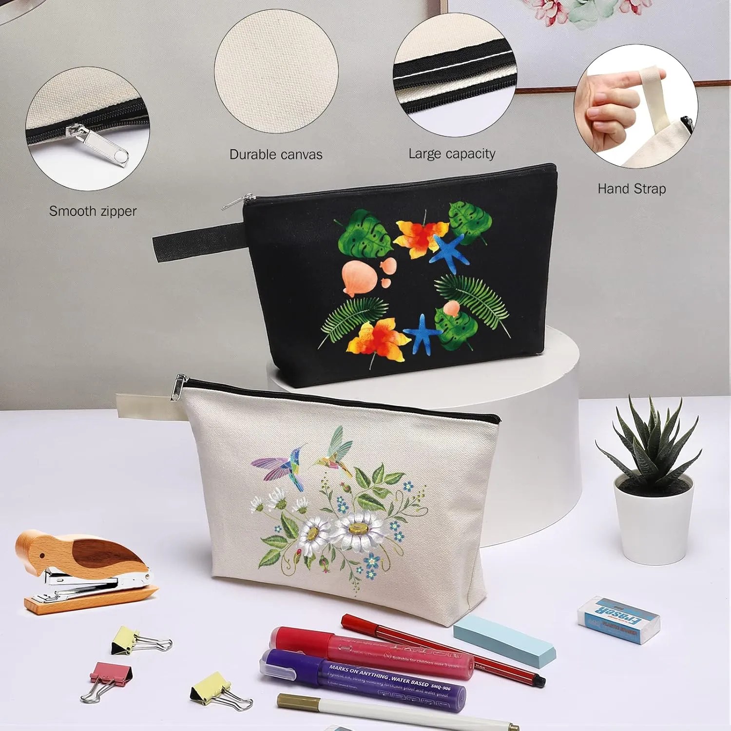 10 Pieces Cotton Canvas Makeup Bag with Bottom, Multi-Purpose Cosmetic Bag with Zipper Travel Toiletry Pouch, Blank DIY Craft Bag Pencil Bag (M, White), MN-WB07