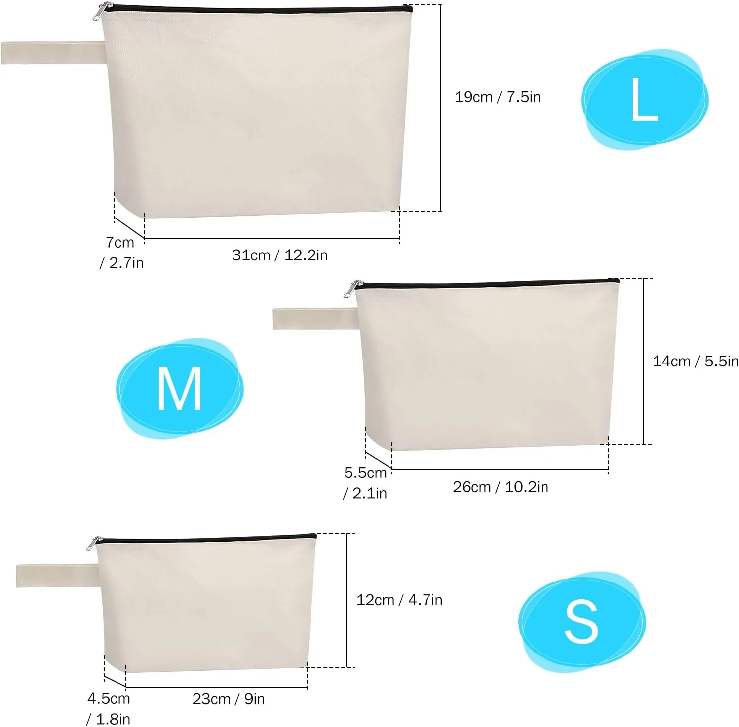 10 Pieces Cotton Canvas Makeup Bag with Bottom, Multi-Purpose Cosmetic Bag with Zipper Travel Toiletry Pouch, Blank DIY Craft Bag Pencil Bag (M, White), MN-WB07