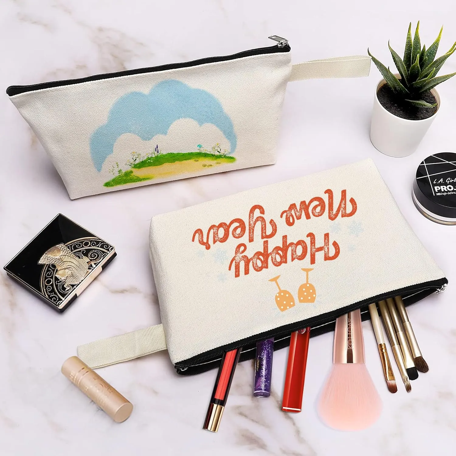 10 Pieces Cotton Canvas Makeup Bag with Bottom, Multi-Purpose Cosmetic Bag with Zipper Travel Toiletry Pouch, Blank DIY Craft Bag Pencil Bag (M, White), MN-WB07