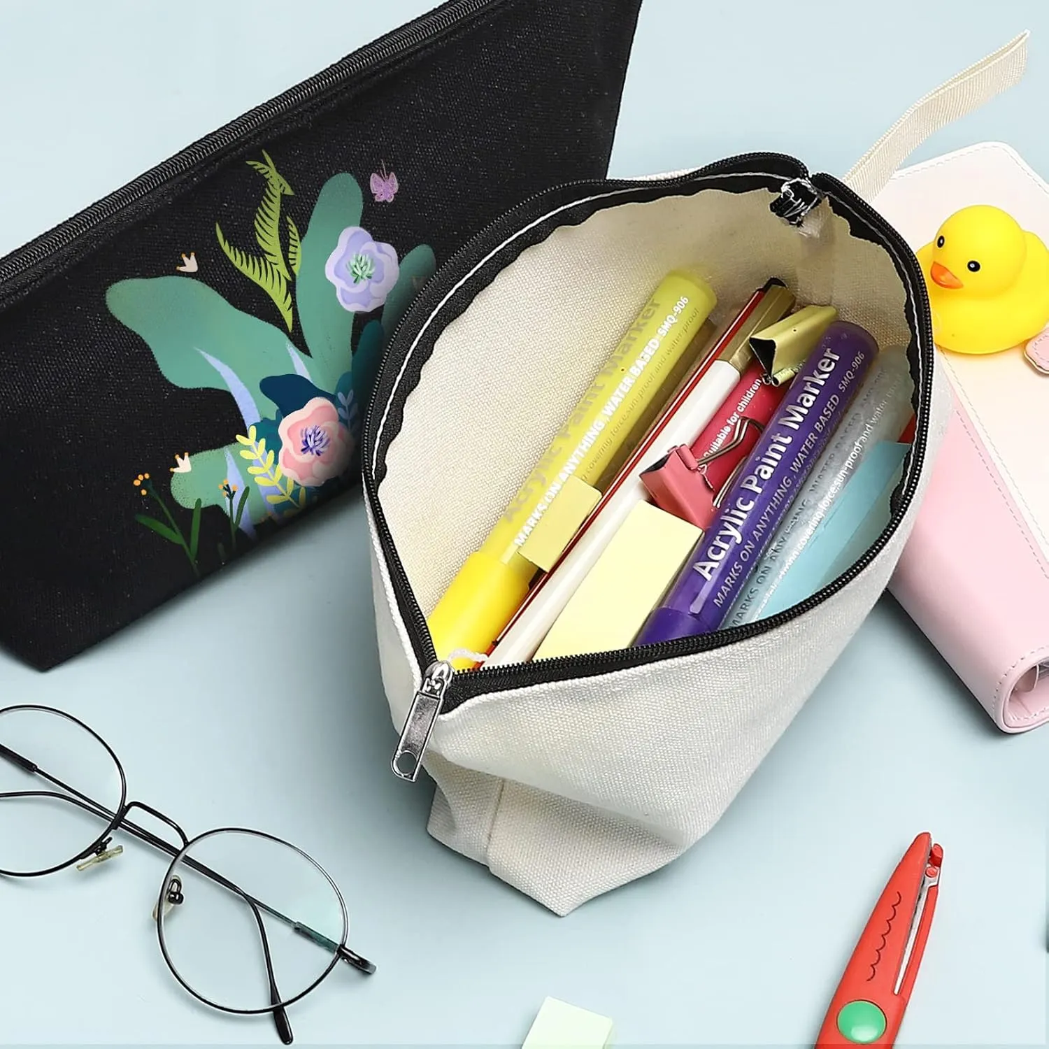10 Pieces Cotton Canvas Makeup Bag with Bottom, Multi-Purpose Cosmetic Bag with Zipper Travel Toiletry Pouch, Blank DIY Craft Bag Pencil Bag (M, White), MN-WB07