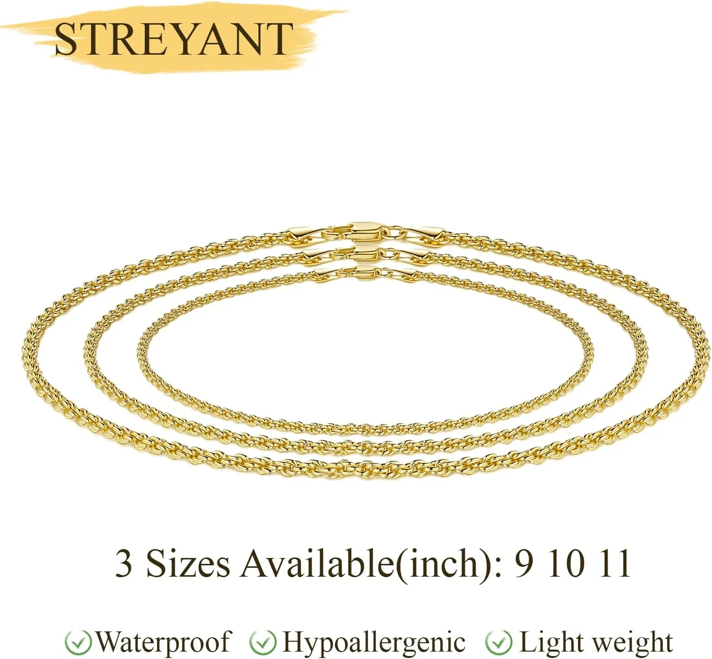 14K Gold Ankle Bracelet for Women Waterproof Rope Chain Ankle Bracelet for Men 2mm Thin Gold Anklets Jewelry for Women & Men 9/10/11in