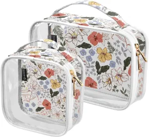 2 Pack Portable Travel Clear Cosmetic Toiletry Bags with Double Zippers for Men Women, Vintage-colour-garden-floral Waterproof Storage Carry Pouch with Handle, Tote Bags for Bathroom Traveling Vacati