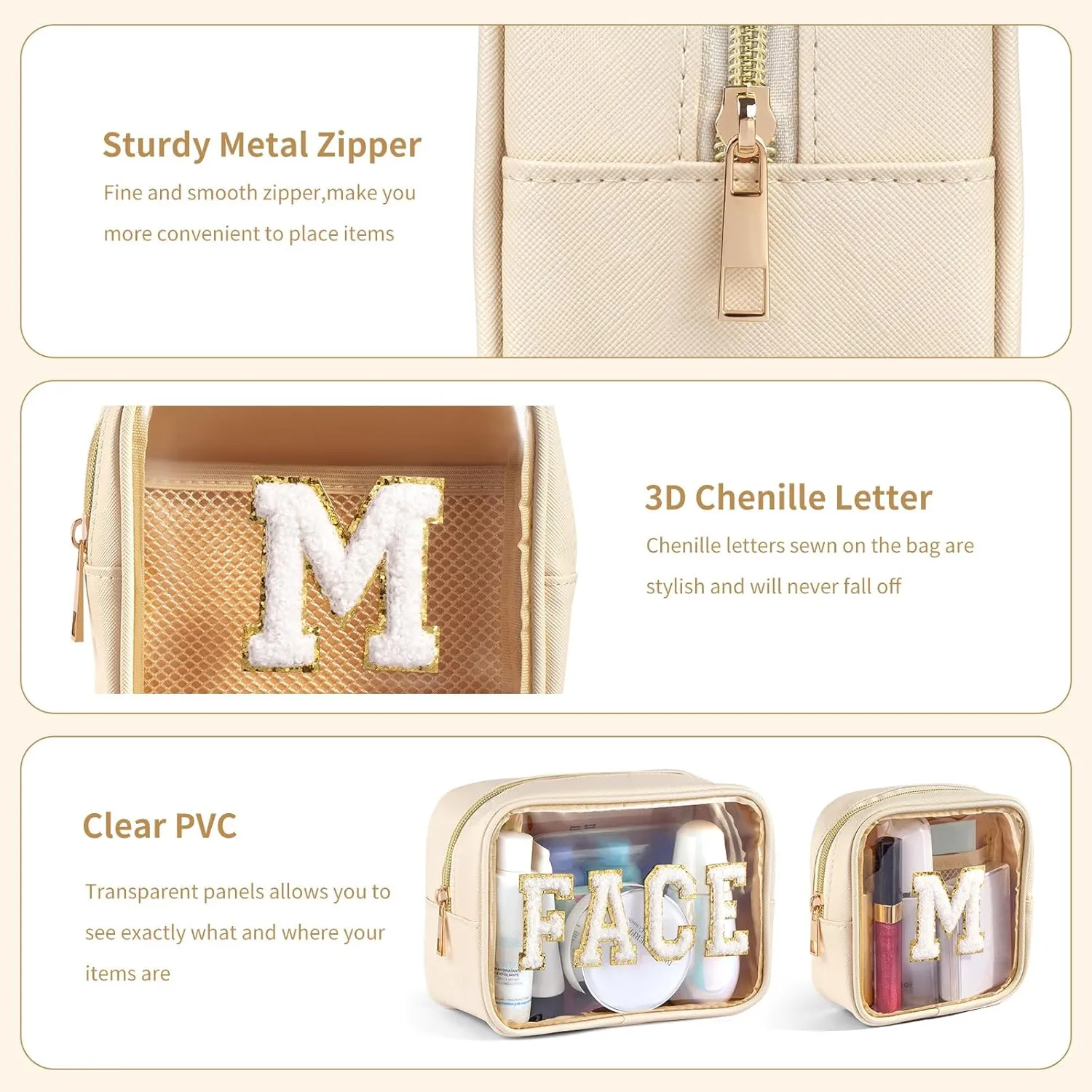 2 PCS Clear Makeup Bag Small Cosmetic Bag Beige Mini Makeup Bag Waterproof Small Makeup Bag for Purse Travel Toiletry Bag for Women