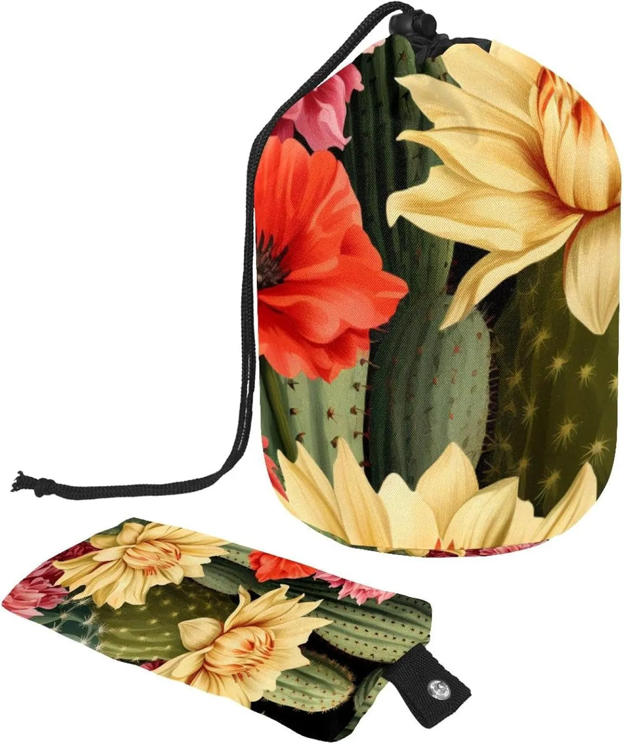 2 Pcs Cosmetic Bag bucket Travel Makeup Bags Large Capacity Soft Waterproof Portable Drawstring Cosmetic Bag, Art Colorful Floral Cactus