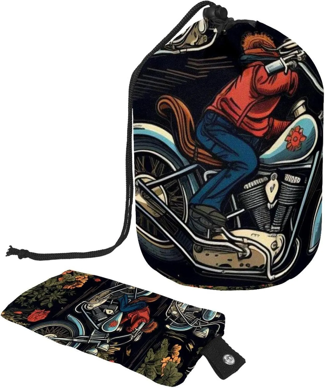 2 Pcs Cosmetic Bag bucket Travel Makeup Bags Large Capacity Soft Waterproof Portable Drawstring Cosmetic Bag, Art Floral Motorcycle