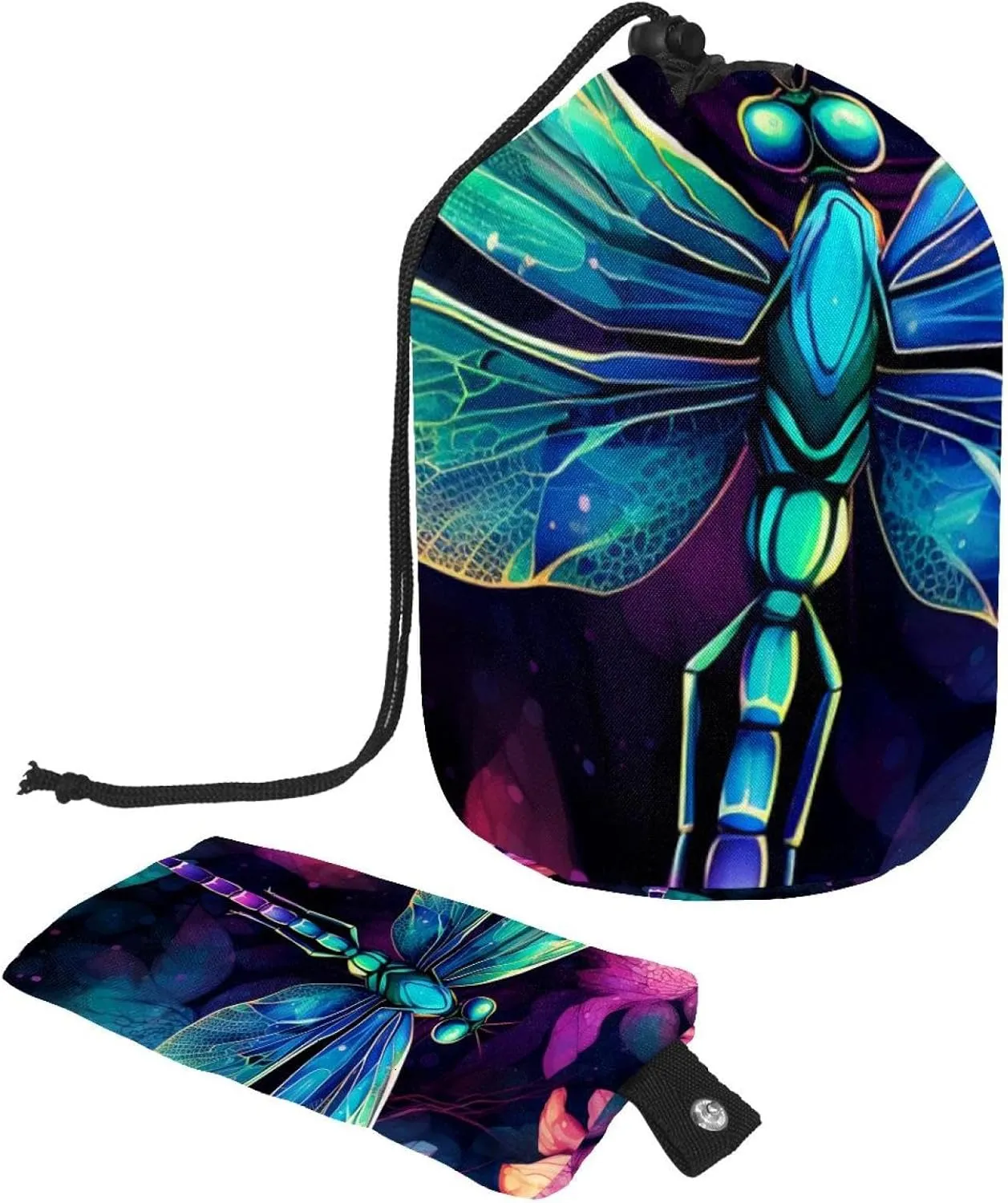 2 Pcs Cosmetic Bag bucket Travel Makeup Bags Large Capacity Soft Waterproof Portable Drawstring Cosmetic Bag, Colorful Dragonfly Flowers