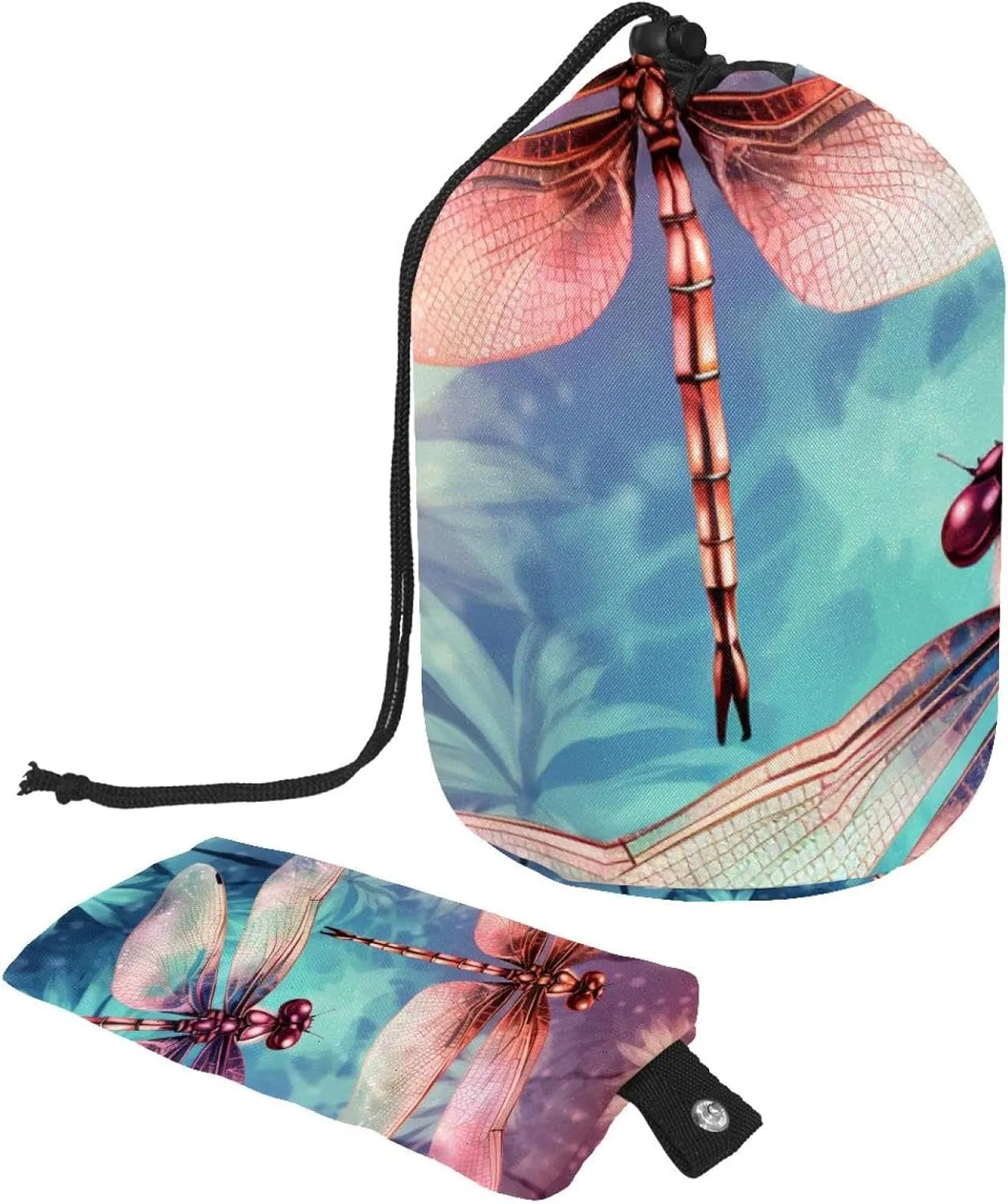 2 Pcs Cosmetic Bag bucket Travel Makeup Bags Large Capacity Soft Waterproof Portable Drawstring Cosmetic Bag, Dragonfly Floral