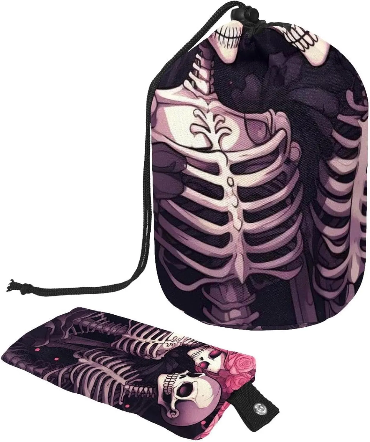 2 Pcs Cosmetic Bag bucket Travel Makeup Bags Large Capacity Soft Waterproof Portable Drawstring Cosmetic Bag, Pink Rose Skull Couple