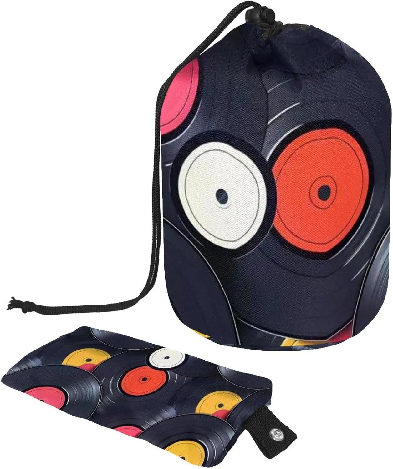 2 Pcs Cosmetic Bag bucket Travel Makeup Bags Large Capacity Soft Waterproof Portable Drawstring Cosmetic Bag, Vinyl Retro Record Pattern