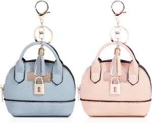2 PCS Cute Mini Tote Bag Keychain for Women PU Leather Mini Backpack Purse Keychain Little Cosmetic Bag Key Lipstick Card Data Cable Organizer