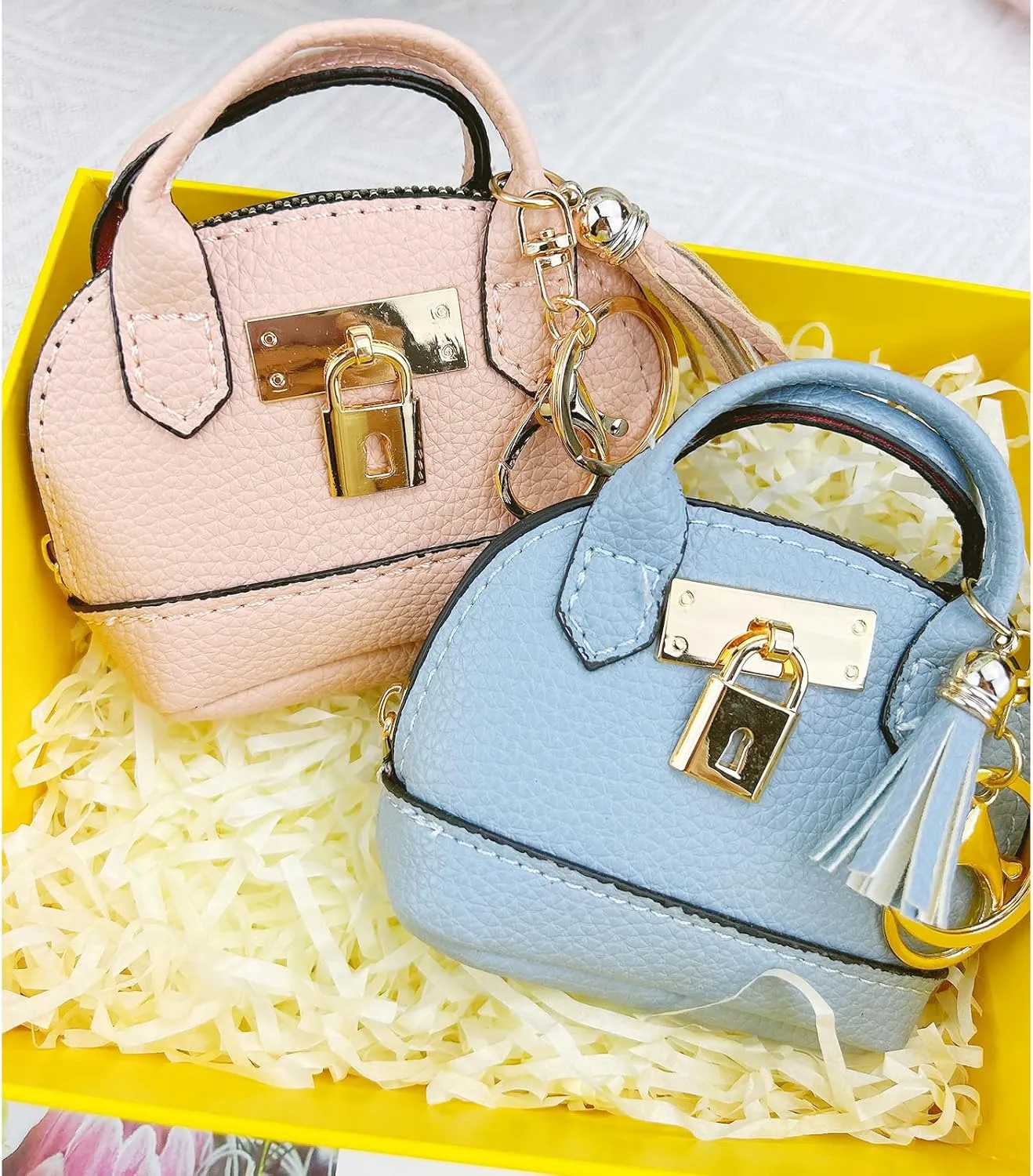 2 PCS Cute Mini Tote Bag Keychain for Women PU Leather Mini Backpack Purse Keychain Little Cosmetic Bag Key Lipstick Card Data Cable Organizer