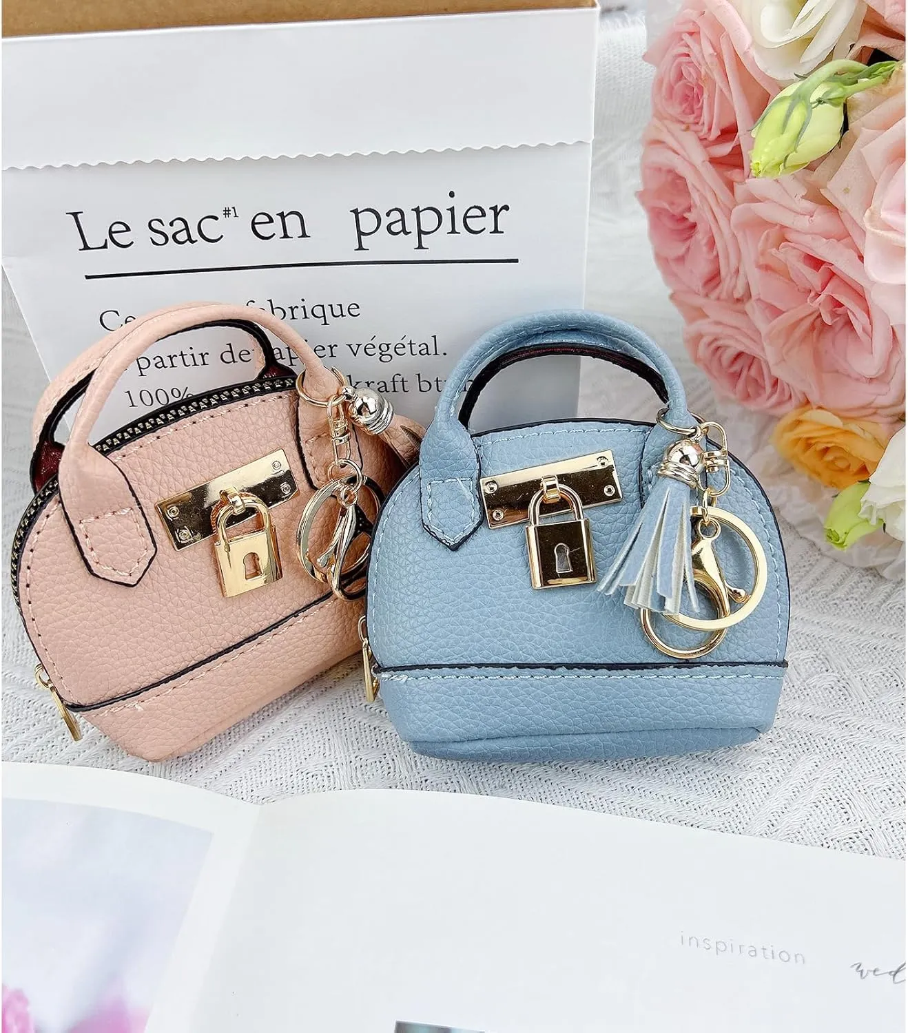 2 PCS Cute Mini Tote Bag Keychain for Women PU Leather Mini Backpack Purse Keychain Little Cosmetic Bag Key Lipstick Card Data Cable Organizer