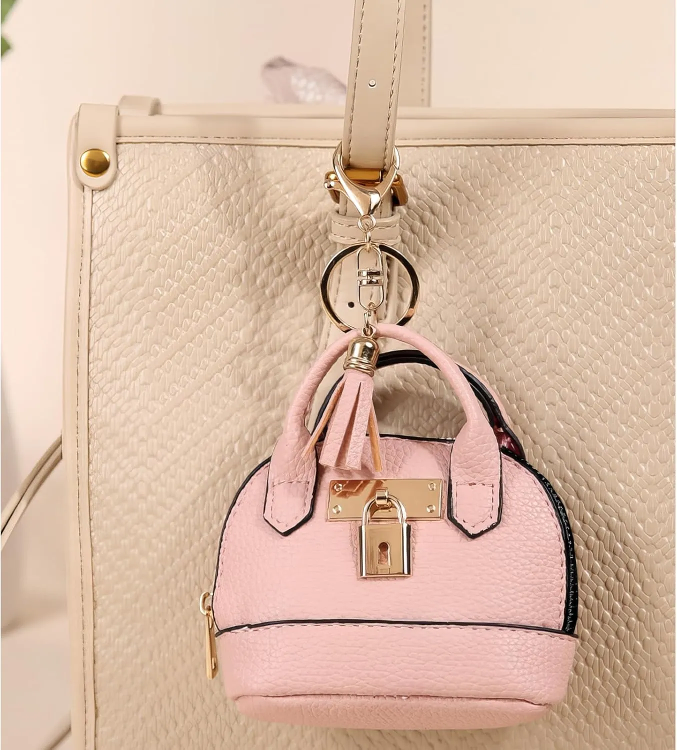 2 PCS Cute Mini Tote Bag Keychain for Women PU Leather Mini Backpack Purse Keychain Little Cosmetic Bag Key Lipstick Card Data Cable Organizer