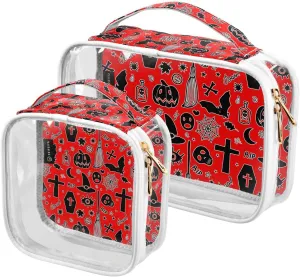 2 Pieces Portable Clear Large Makeup Bag, PVC Waterproof Travel Organizer for Men Women, Halloween-pumpkin-bats-print Toiletry Bags with Gold Zippers.