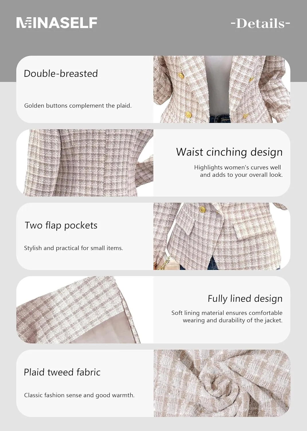 2025 Women's Spring Tweed Blazer Plaid Fashion Slim Fully-Lined Double-Breasted Casual Work Jacket with Pockets
