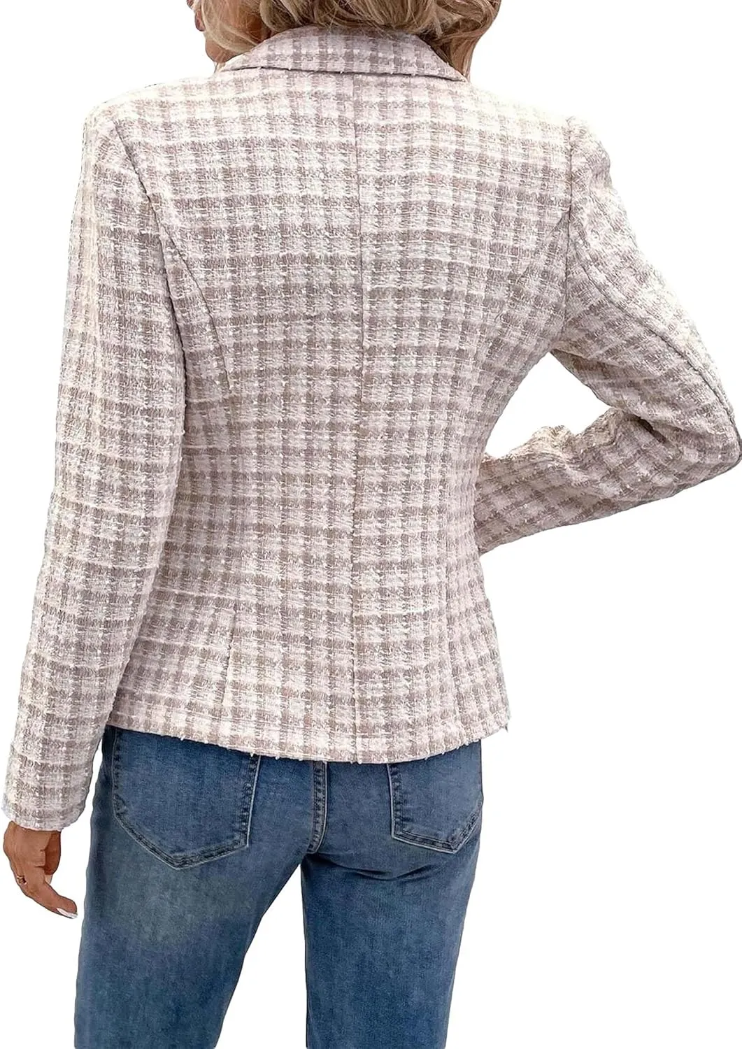 2025 Women's Spring Tweed Blazer Plaid Fashion Slim Fully-Lined Double-Breasted Casual Work Jacket with Pockets