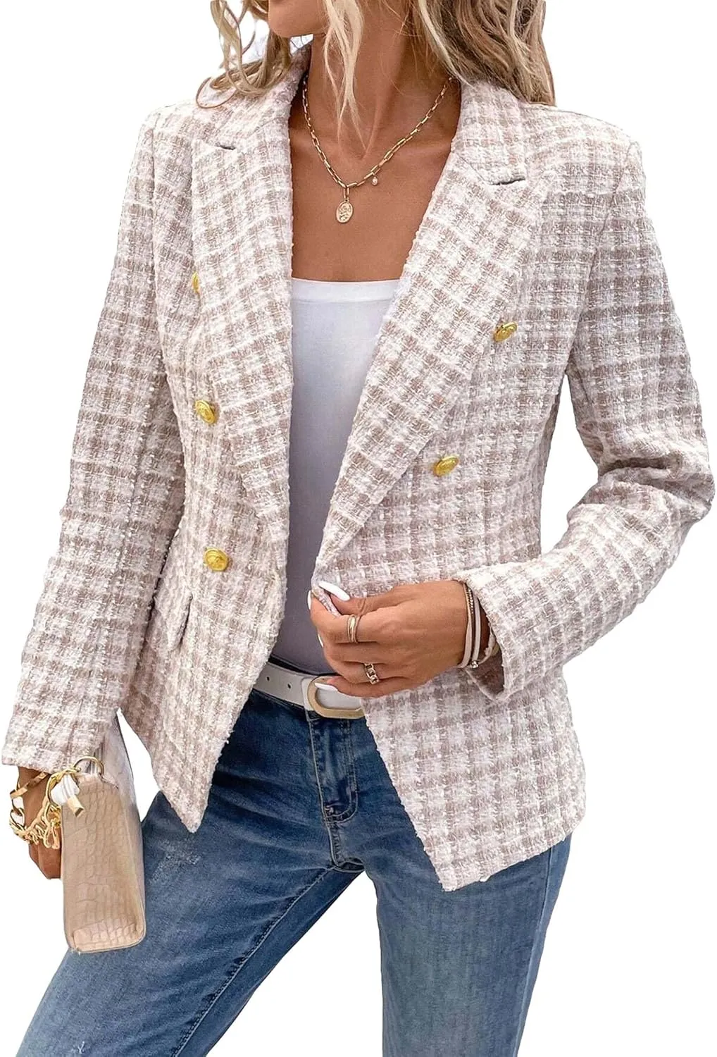 2025 Women's Spring Tweed Blazer Plaid Fashion Slim Fully-Lined Double-Breasted Casual Work Jacket with Pockets