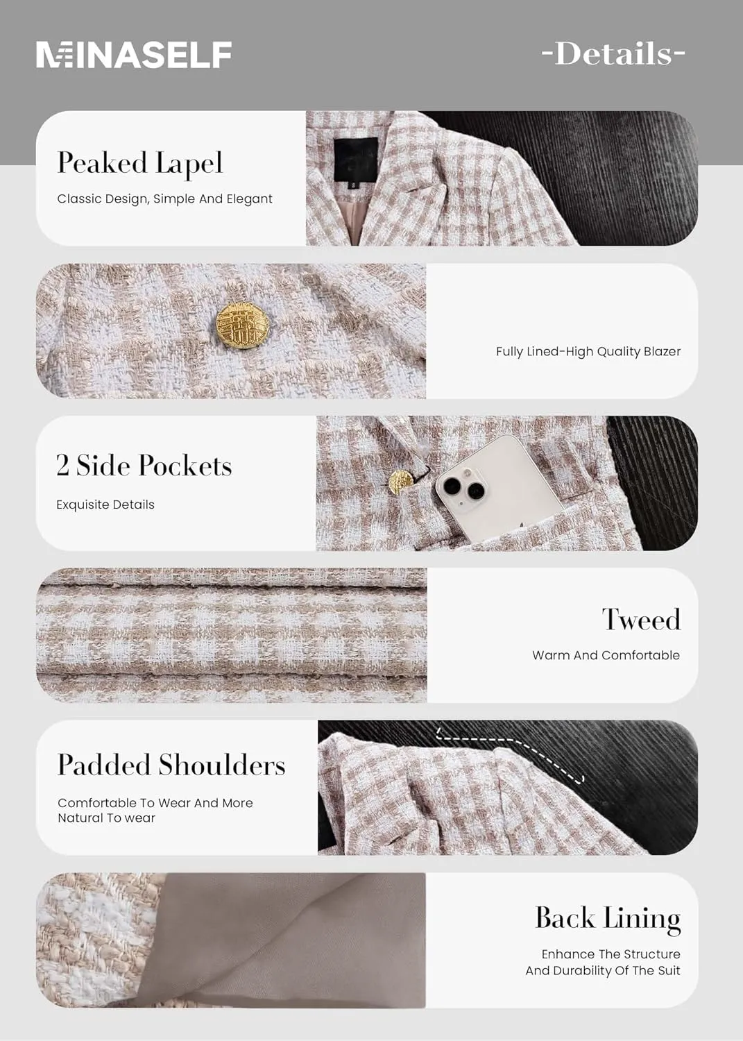 2025 Women's Spring Tweed Blazer Plaid Fashion Slim Fully-Lined Double-Breasted Casual Work Jacket with Pockets