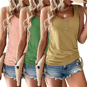3 Pack Women Tank Tops U Neck Summer Casual Sleeveless Loose Button Casual Henley Shirts