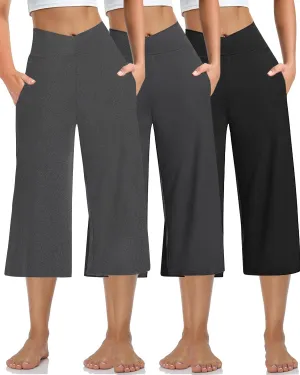 3 PACK Womens Wide Leg Yoga Capris Crossover High Waist Casual Capri Pants Loose Soft Pajama Pockets Sweatpants
