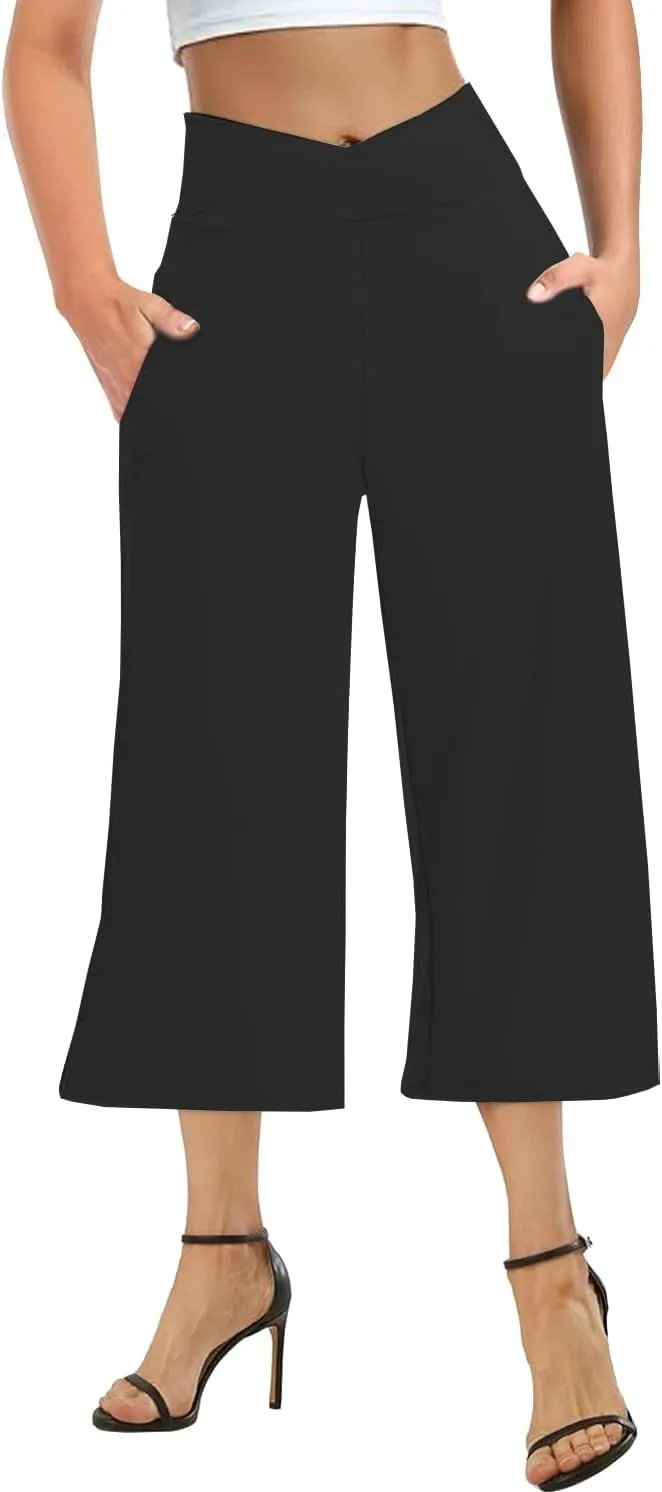 3 PACK Womens Wide Leg Yoga Capris Crossover High Waist Casual Capri Pants Loose Soft Pajama Pockets Sweatpants