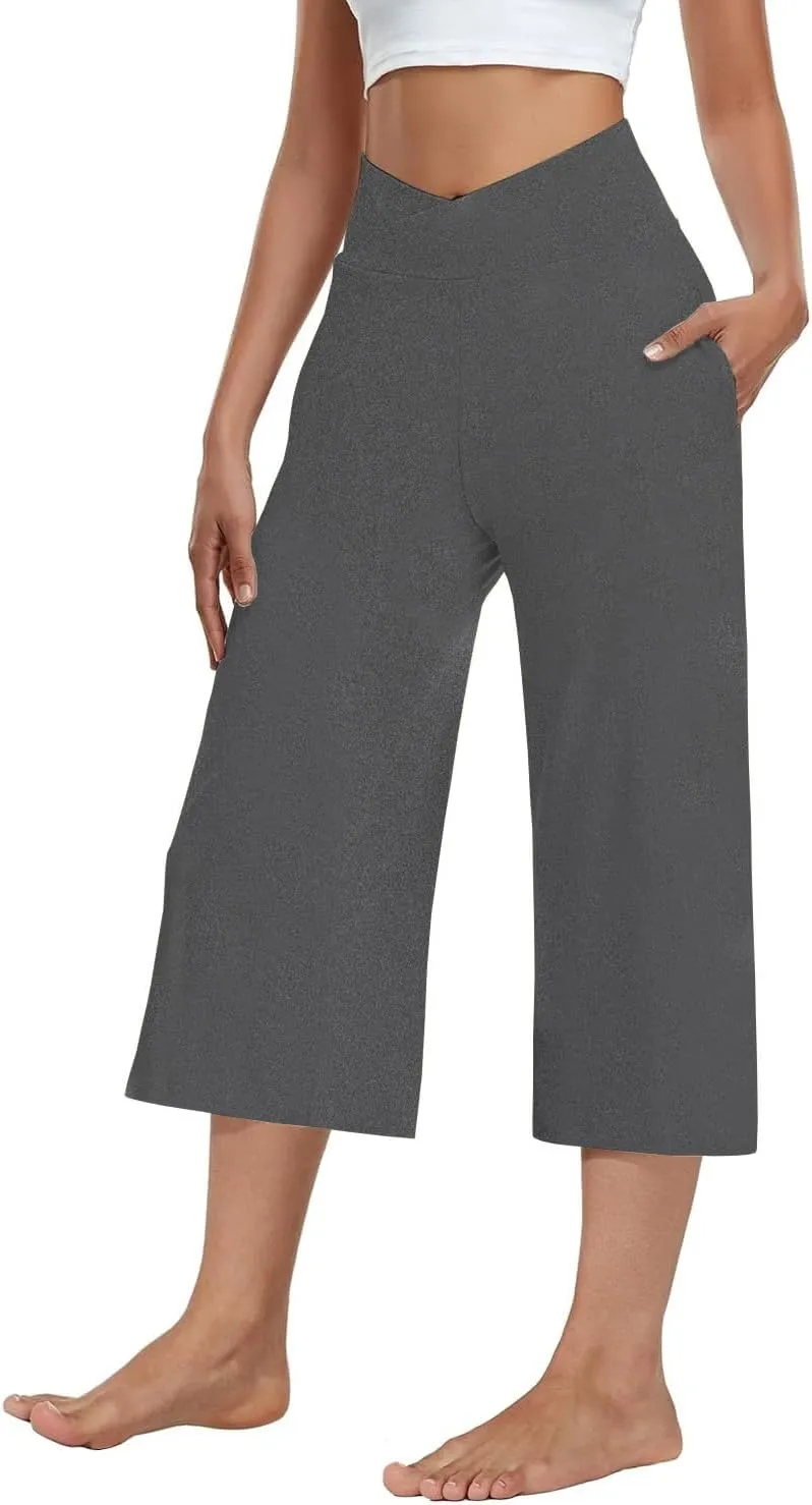 3 PACK Womens Wide Leg Yoga Capris Crossover High Waist Casual Capri Pants Loose Soft Pajama Pockets Sweatpants