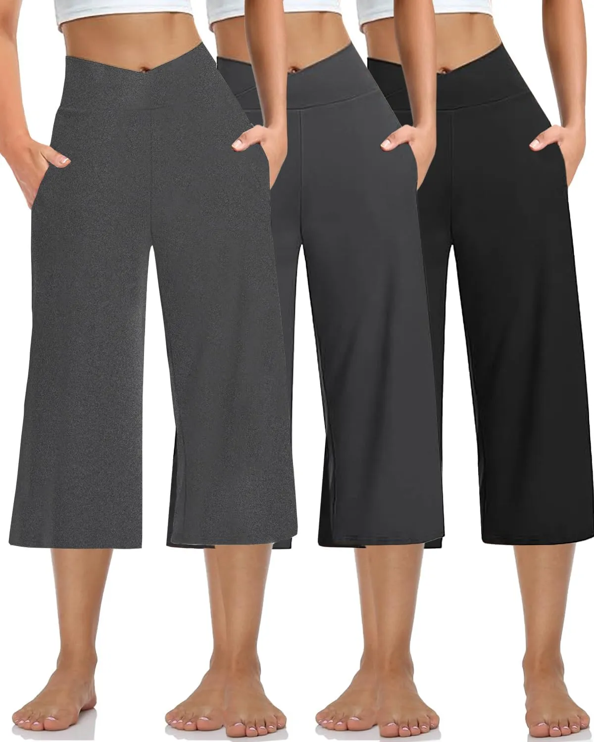 3 PACK Womens Wide Leg Yoga Capris Crossover High Waist Casual Capri Pants Loose Soft Pajama Pockets Sweatpants