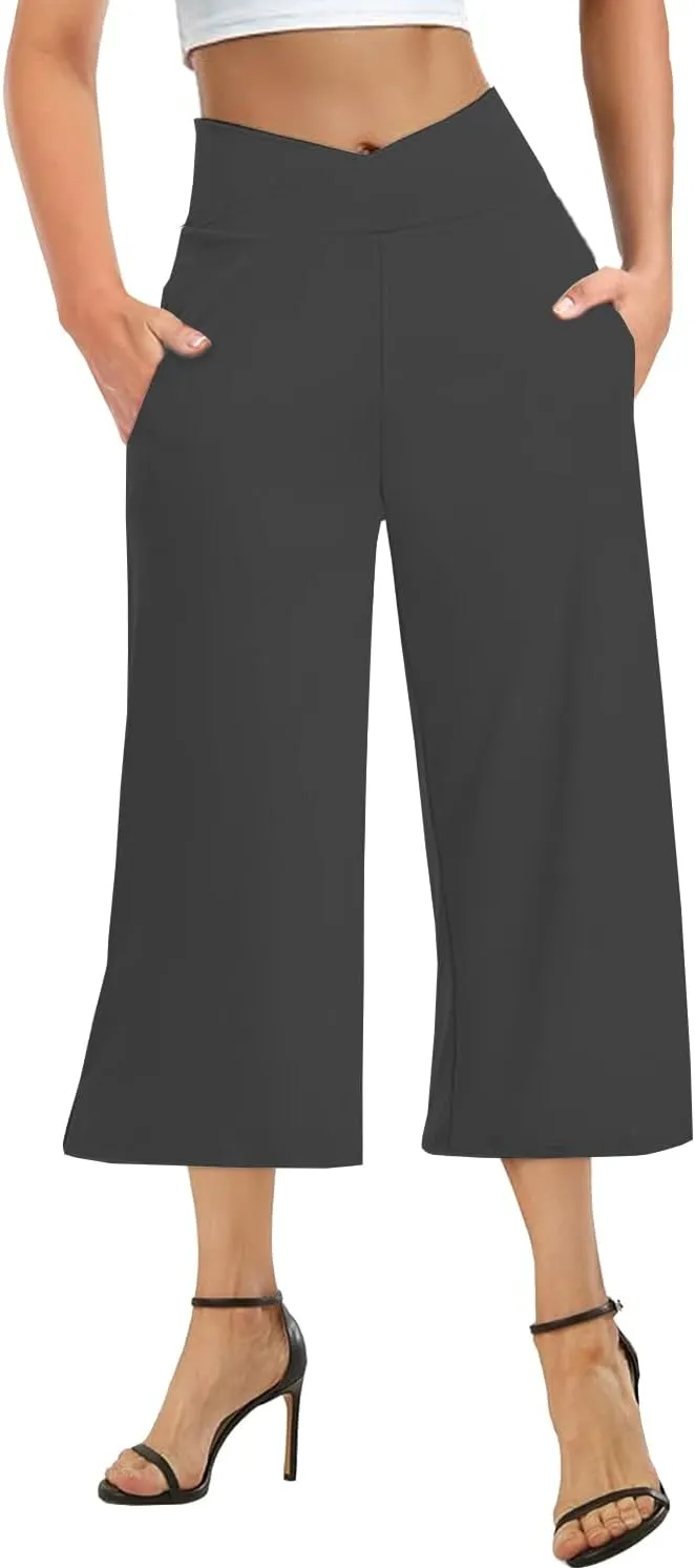 3 PACK Womens Wide Leg Yoga Capris Crossover High Waist Casual Capri Pants Loose Soft Pajama Pockets Sweatpants