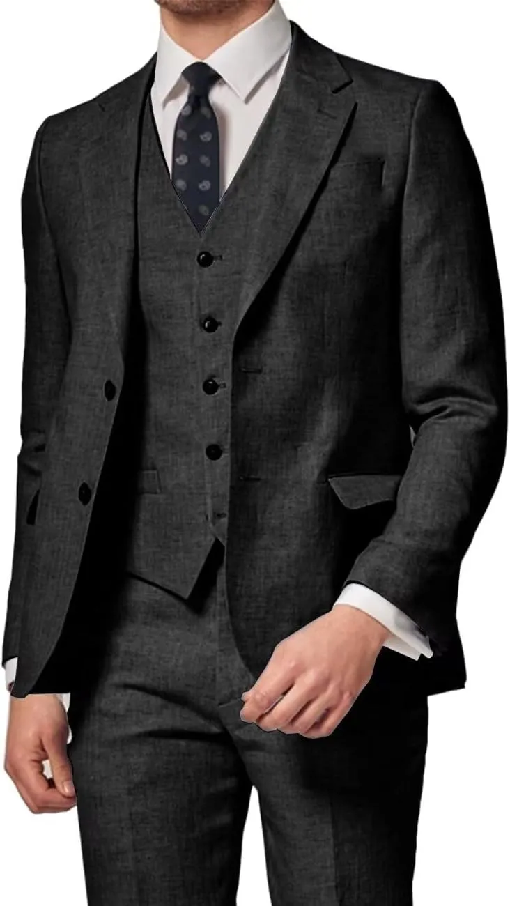 3 Piece Summer Linen Suits for Men, Men's Slim Fit Suit Set Two Buttons Casual Solid Blazers Vest Pants Set for Wedding Party
