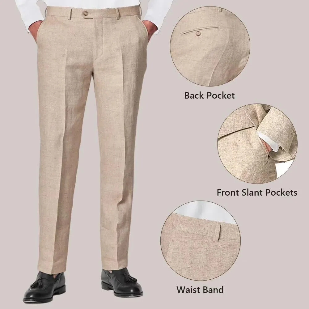 3 Piece Summer Linen Suits for Men, Men's Slim Fit Suit Set Two Buttons Casual Solid Blazers Vest Pants Set for Wedding Party