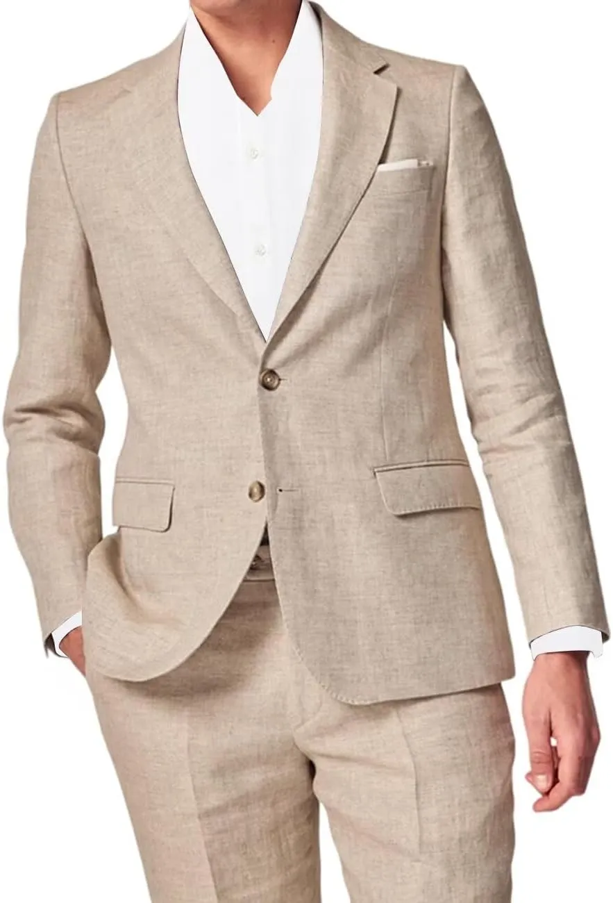 3 Piece Summer Linen Suits for Men, Men's Slim Fit Suit Set Two Buttons Casual Solid Blazers Vest Pants Set for Wedding Party