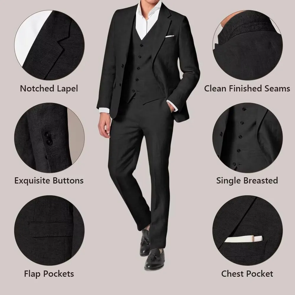 3 Piece Summer Linen Suits for Men, Men's Slim Fit Suit Set Two Buttons Casual Solid Blazers Vest Pants Set for Wedding Party