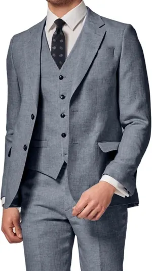 3 Piece Summer Linen Suits for Men, Men's Slim Fit Suit Set Two Buttons Casual Solid Blazers Vest Pants Set for Wedding Party