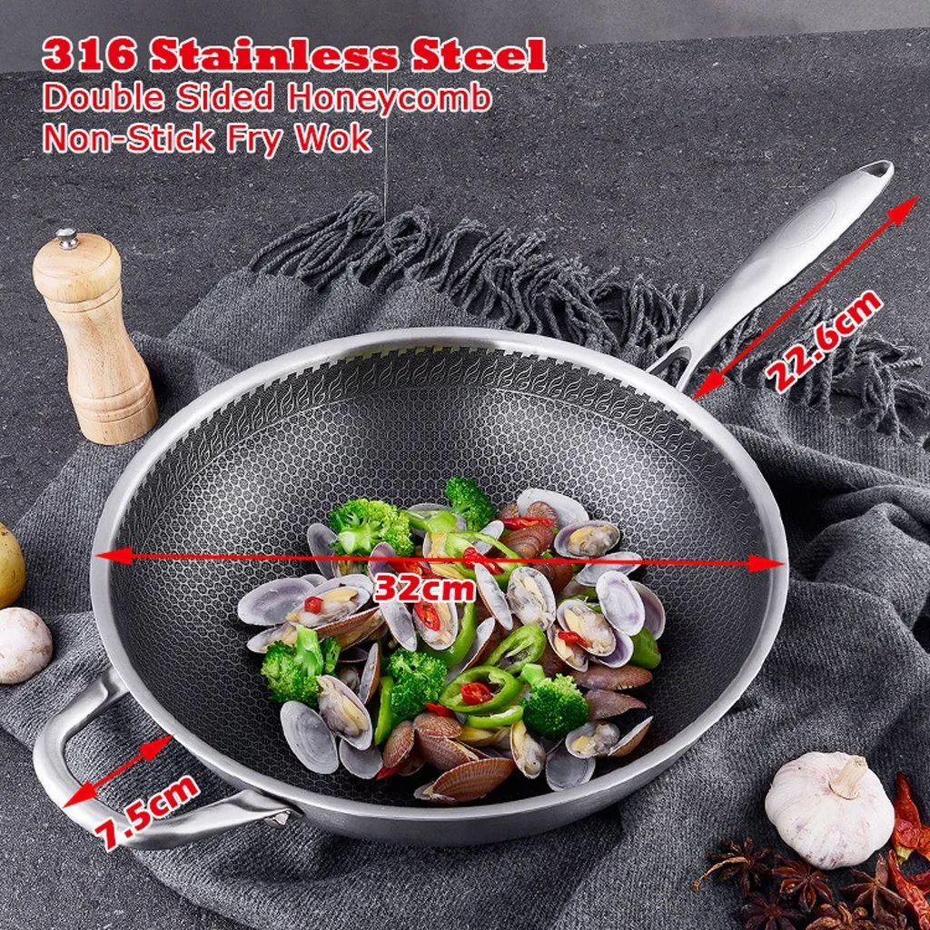316 Stainless Steel 34cm Non-Stick Stir Fry Wok Pan | Honeycomb Double Sided | Without Lid