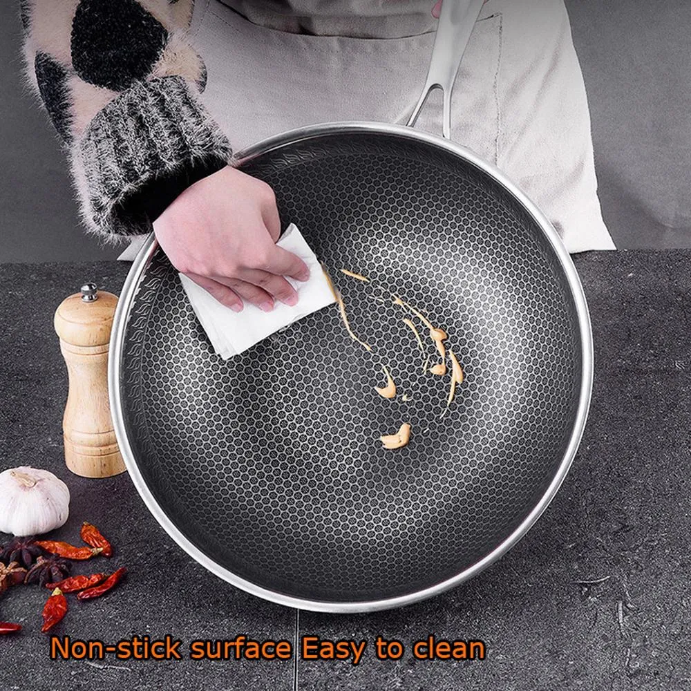 316 Stainless Steel 34cm Non-Stick Stir Fry Wok Pan | Honeycomb Double Sided | Without Lid