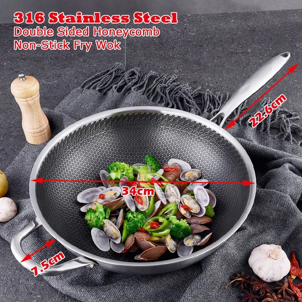 316 Stainless Steel 34cm Non-Stick Stir Fry Wok Pan | Honeycomb Double Sided | Without Lid
