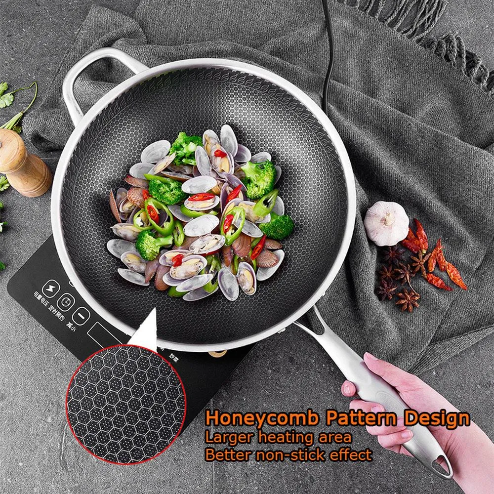 316 Stainless Steel 34cm Non-Stick Stir Fry Wok Pan | Honeycomb Double Sided | Without Lid