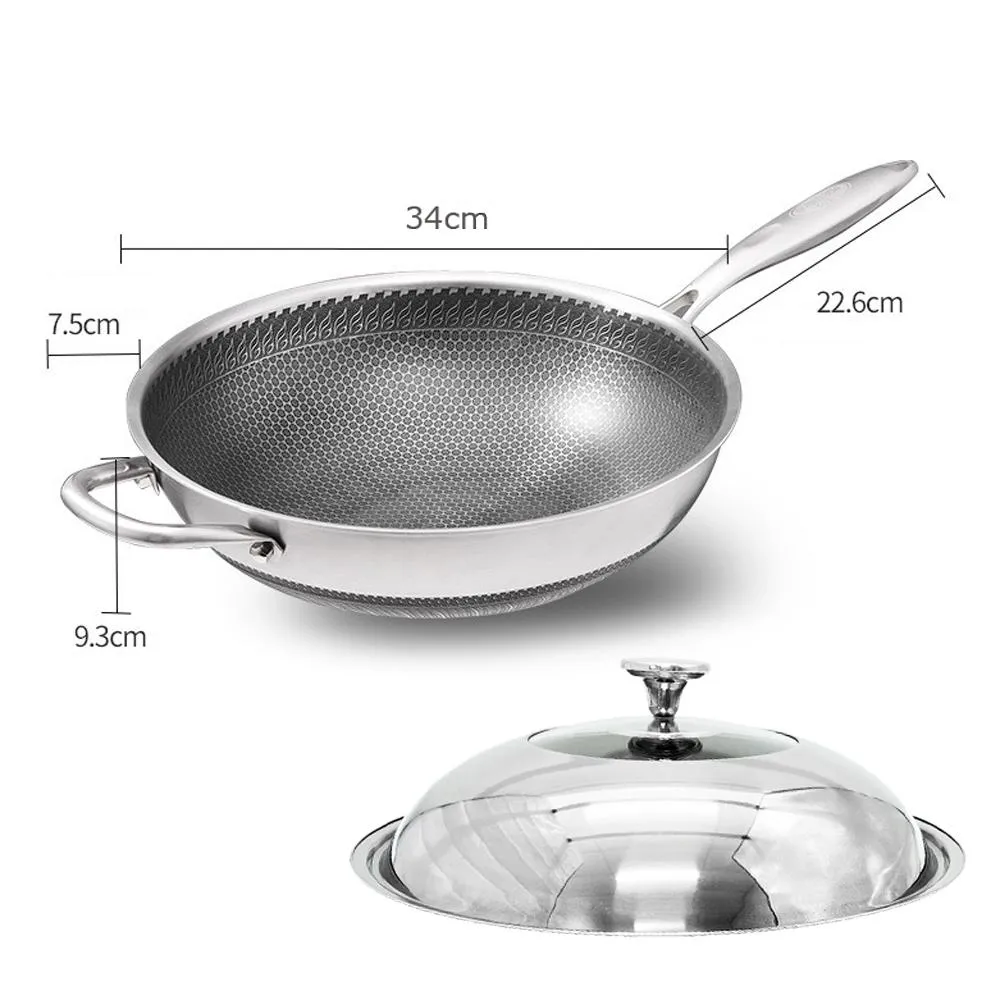 316 Stainless Steel 34cm Non-Stick Stir Fry Wok Pan | Honeycomb Double Sided | Without Lid