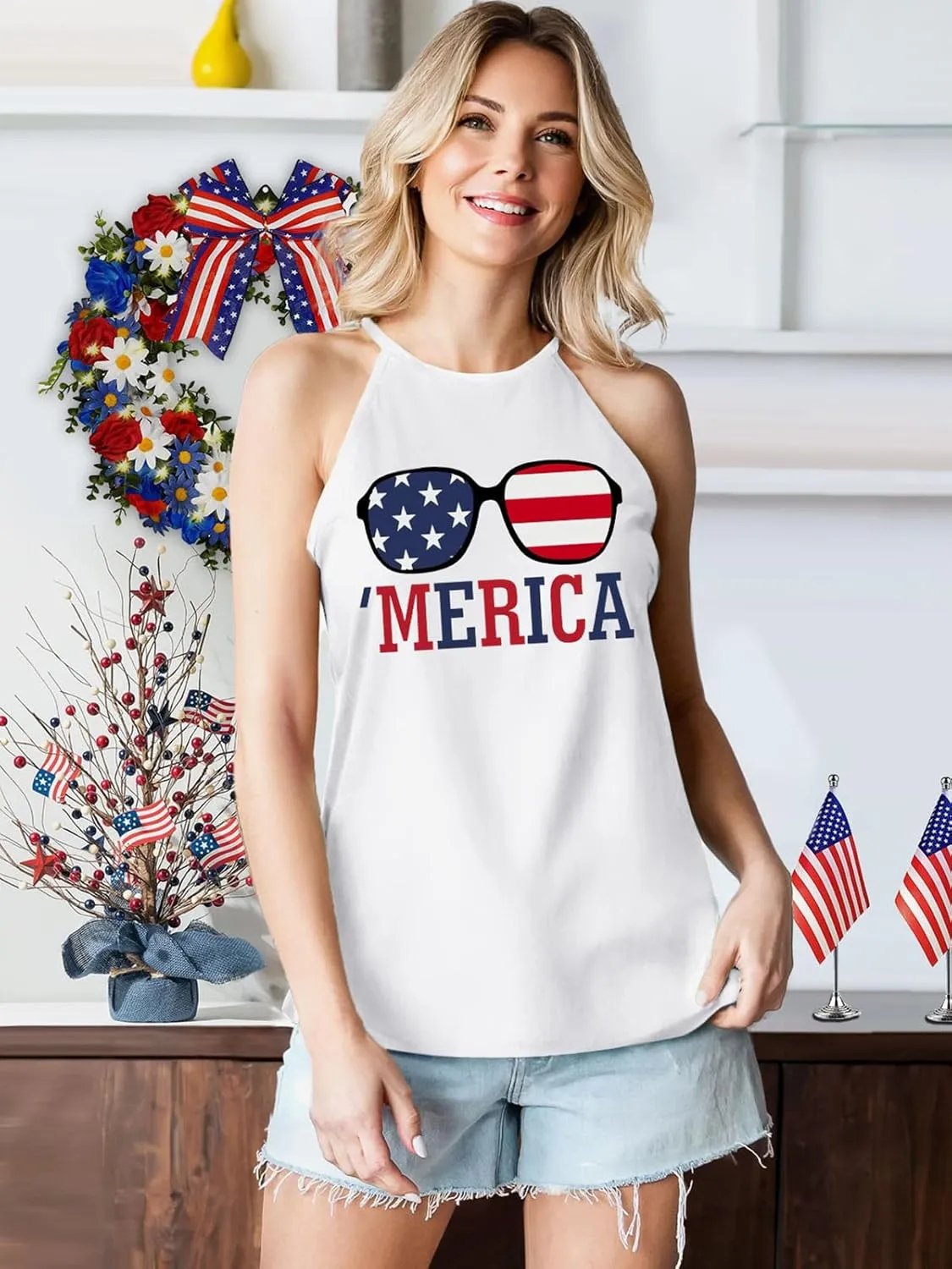 4th of July Tank Tops for Women American Flag Patriotic Halter Top Summer USA Independence Day Sleeveless Shirts