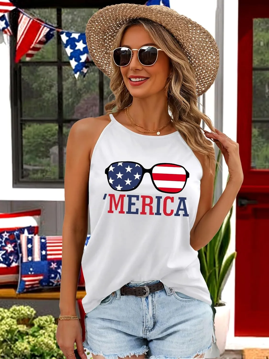 4th of July Tank Tops for Women American Flag Patriotic Halter Top Summer USA Independence Day Sleeveless Shirts