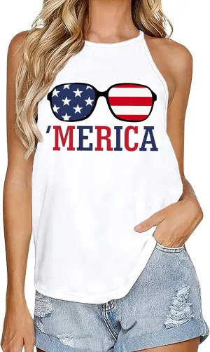 4th of July Tank Tops for Women American Flag Patriotic Halter Top Summer USA Independence Day Sleeveless Shirts