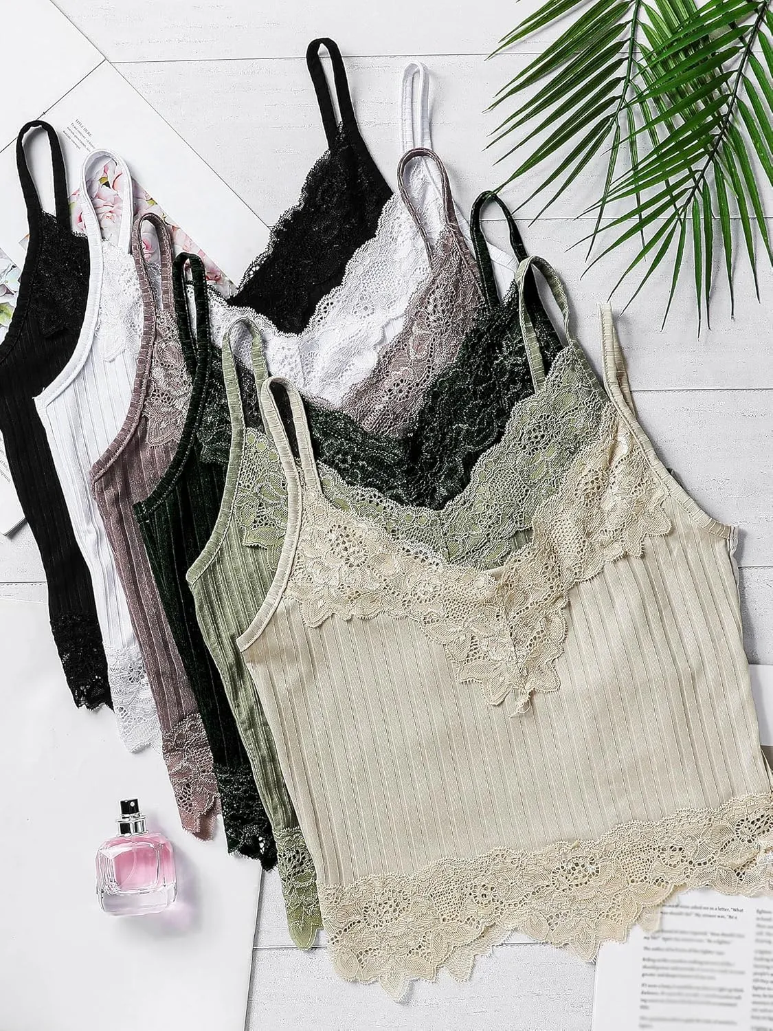 6 Pack Fairy Grunge Y2K Tops, Lace Patchwork Crop Tops Ribbed Knitted Cropped Cami Tank Top Y2K Clothing for Women Girls