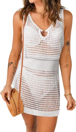 AI'MAGE Womens Beach Cover Up Dress Crochet Hollow Out Bathing Suit Crew Neck Sleeveless Sundresses Summer Swimwear S-XXL