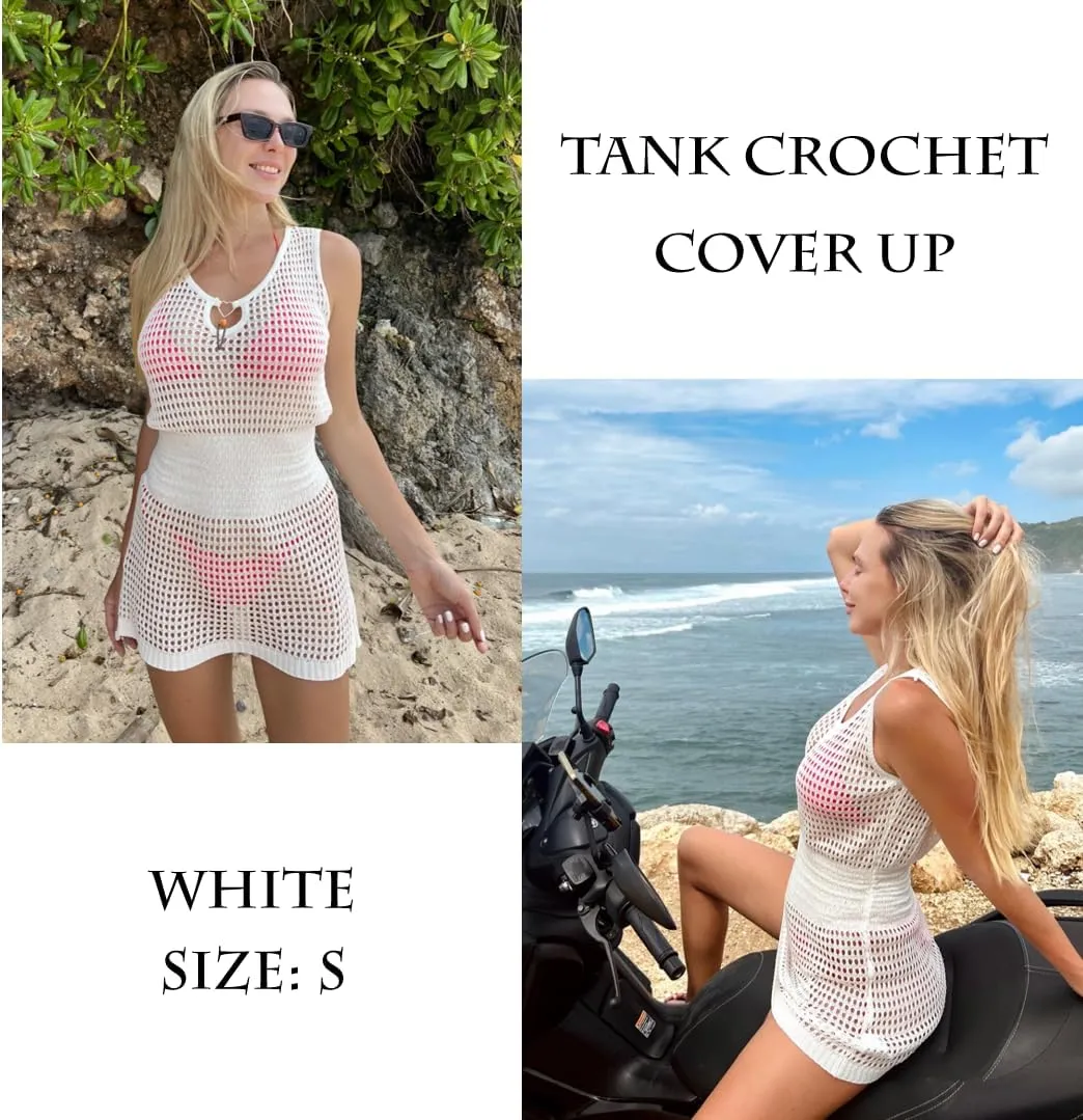 AI'MAGE Womens Beach Cover Up Dress Crochet Hollow Out Bathing Suit Crew Neck Sleeveless Sundresses Summer Swimwear S-XXL