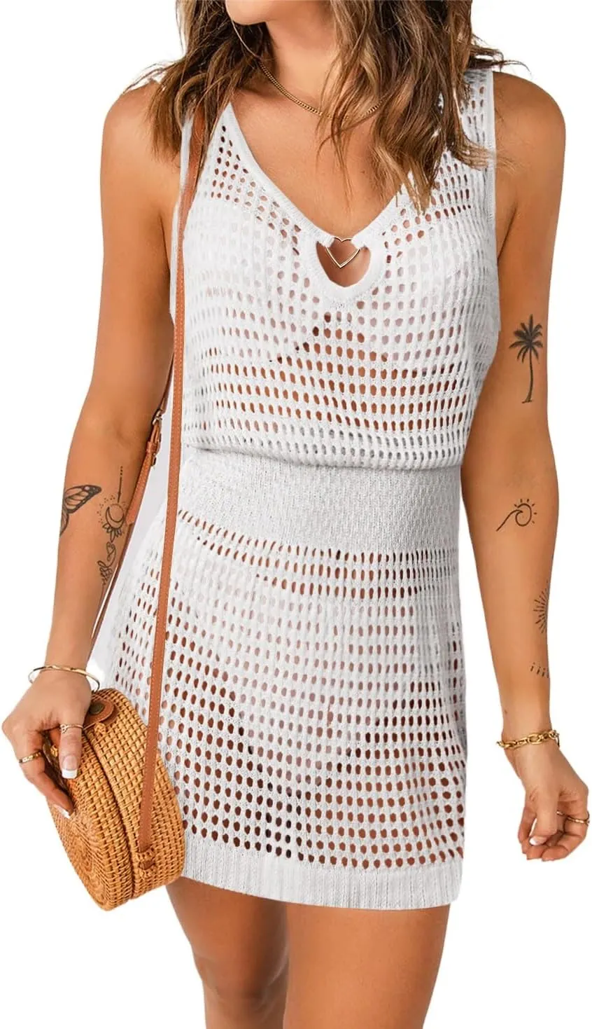 AI'MAGE Womens Beach Cover Up Dress Crochet Hollow Out Bathing Suit Crew Neck Sleeveless Sundresses Summer Swimwear S-XXL