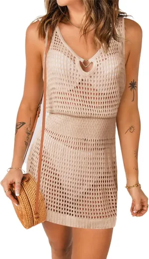 AI'MAGE Womens Beach Cover Up Dress Crochet Hollow Out Bathing Suit Crew Neck Sleeveless Sundresses Summer Swimwear S-XXL