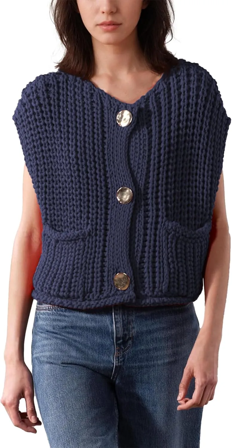 Ainangua Sleeveless Cropped Cardigan for Women Casual Chunky Knit Tank Tops Button Down Open Front Sweater Vest with Pockets