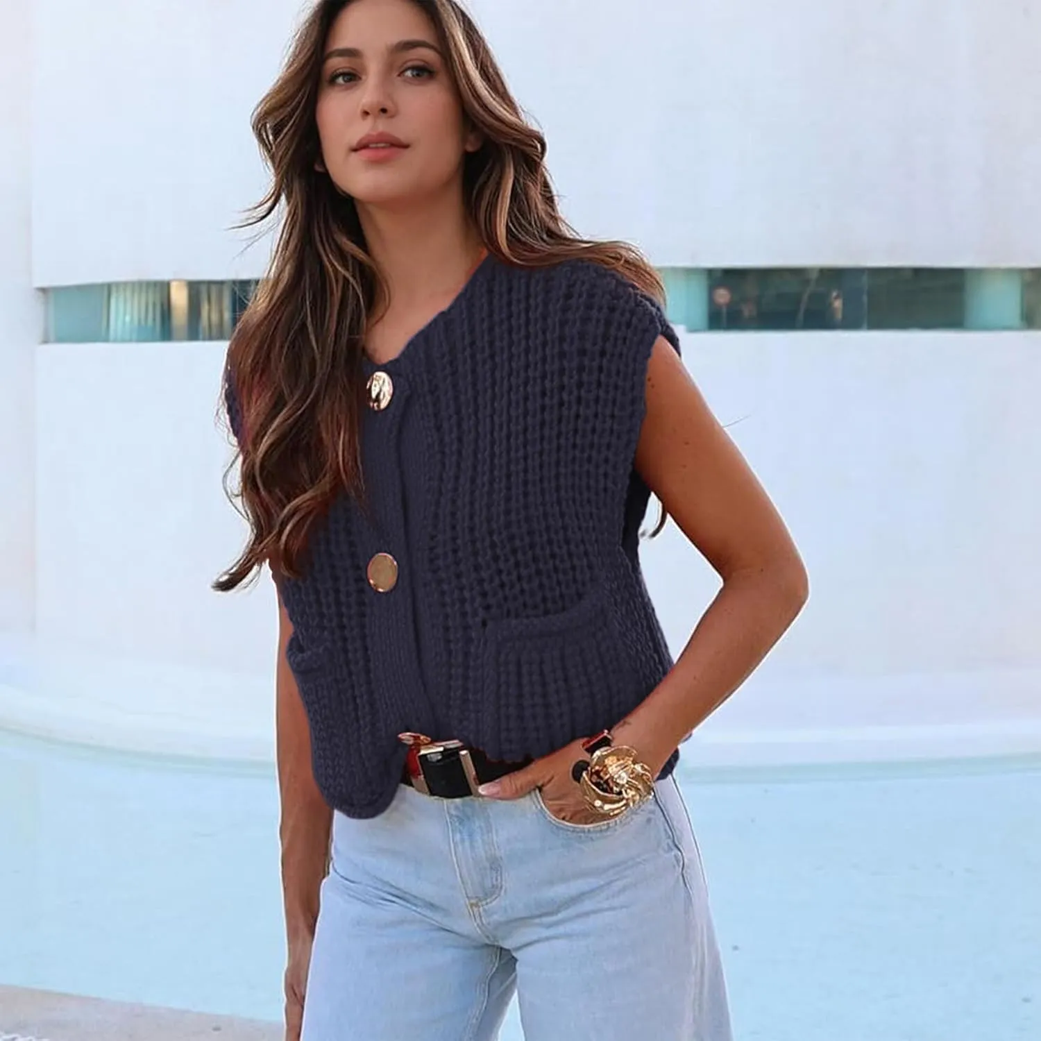 Ainangua Sleeveless Cropped Cardigan for Women Casual Chunky Knit Tank Tops Button Down Open Front Sweater Vest with Pockets